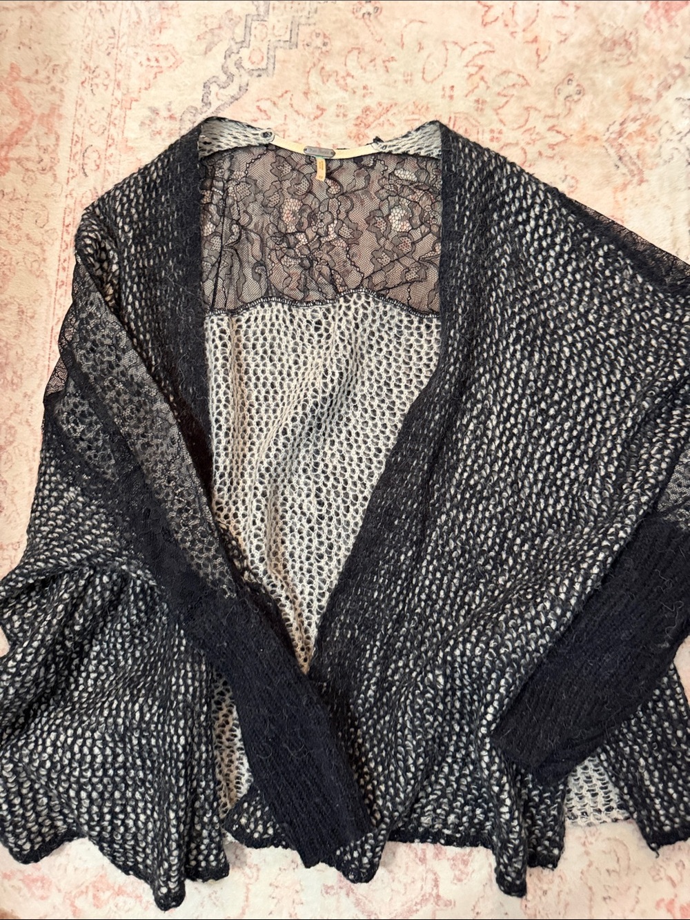 Free People Black and Cream Marled Open-Front Lace-Back Cardigan